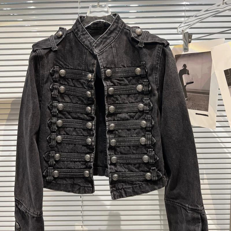 Veste en Jean Femme Style Punk Noir Col Montant Vintage Washed Manches Longues Loose – Blouson Moto Automne | Streetwear