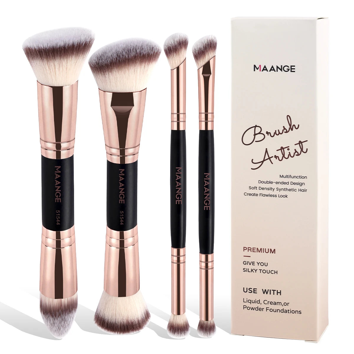 Set 4 Pinceaux Maquillage MAANGE Double Embout – Fond de Teint, Poudre & Fards | Boîte Voyage Débutante