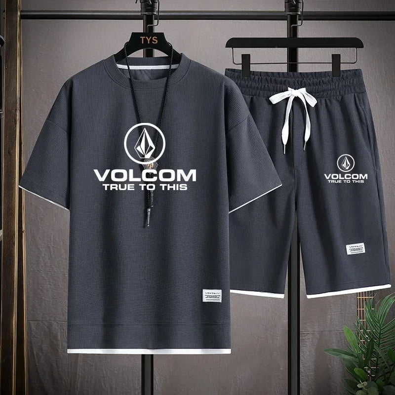 VOLCOM Ensemble T-shirt + Short Sport Homme Été – Waffle Imprimé Casual Sportswear