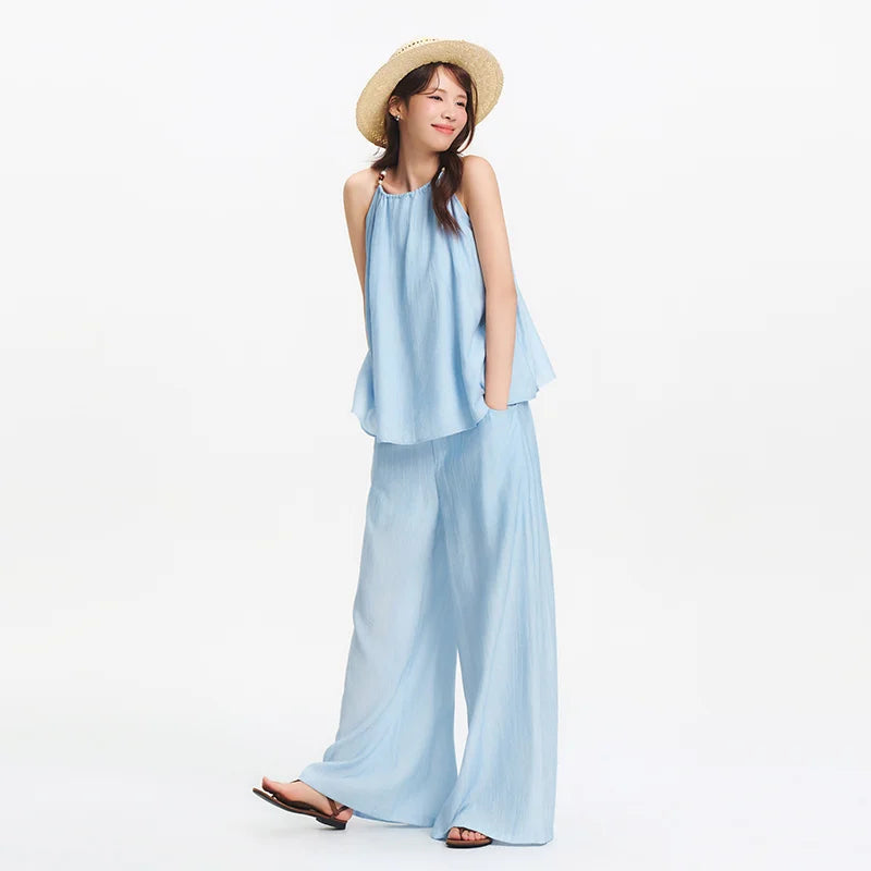 Ensemble 2 Pièces Femme Lin Pantalon Large Nœud Bretelles – Tenue Été Vacances Légère | Semir 2025