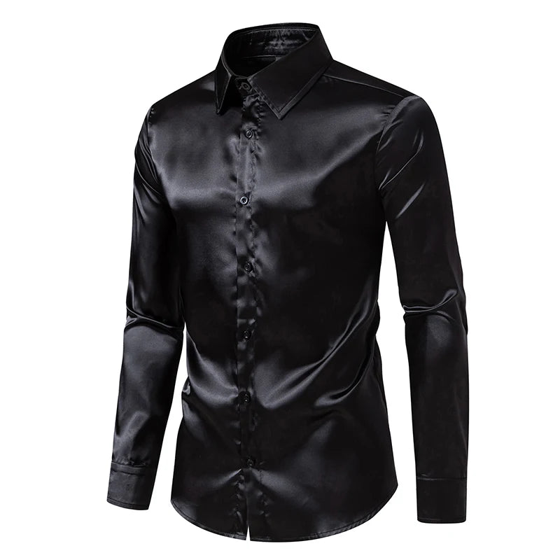 Chemise Homme Satin Noir Luxe Soie Lisse Tuxedo Mariage Soirée Prom Casual Business Bureau Élégante Couleur Unie Premium – Chemise Satin Luxe Cérémonie | Mode Homme Luxe Cérémonie Premium