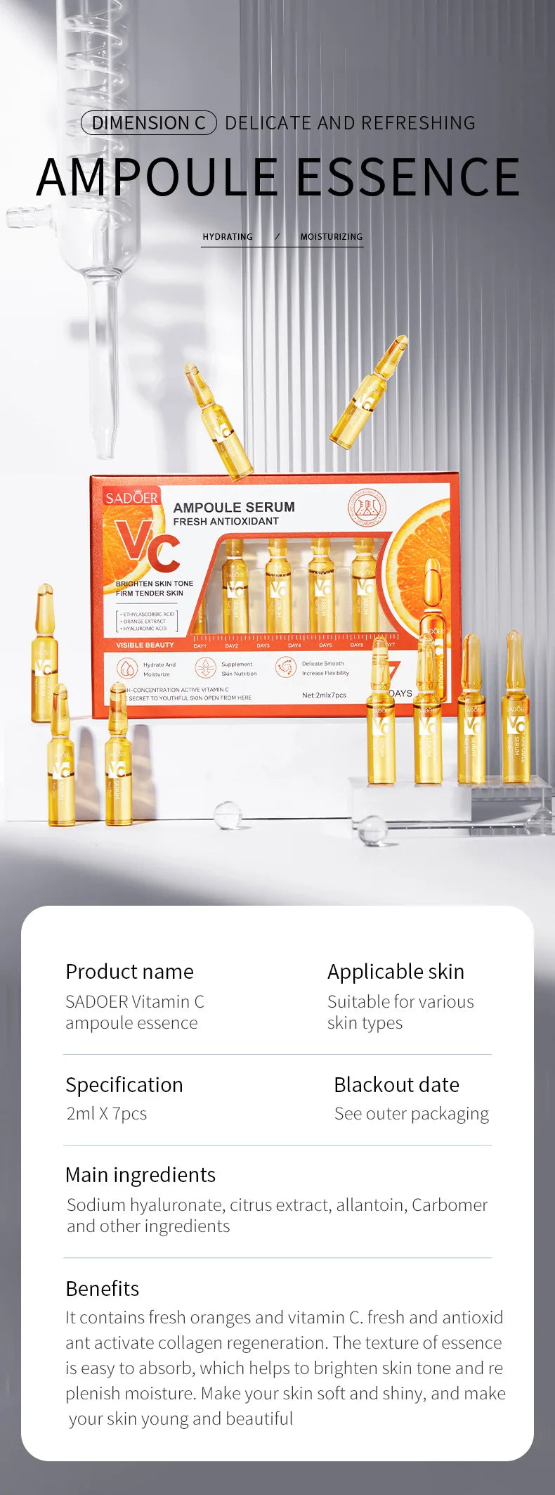 Sérum Ampoule Vitamine C – Éclat, Hydratation & Réparation Peau | Lissant & Unificateur de Teint | Soin Visage Skincare