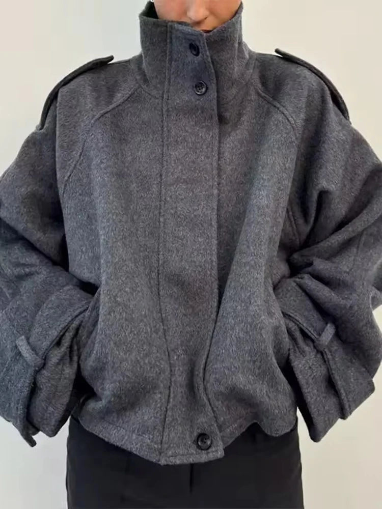 Manteau Court Laine Femme Vintage Ample Col Montant – Overcoat Chaud Casual | High Street | FSMG