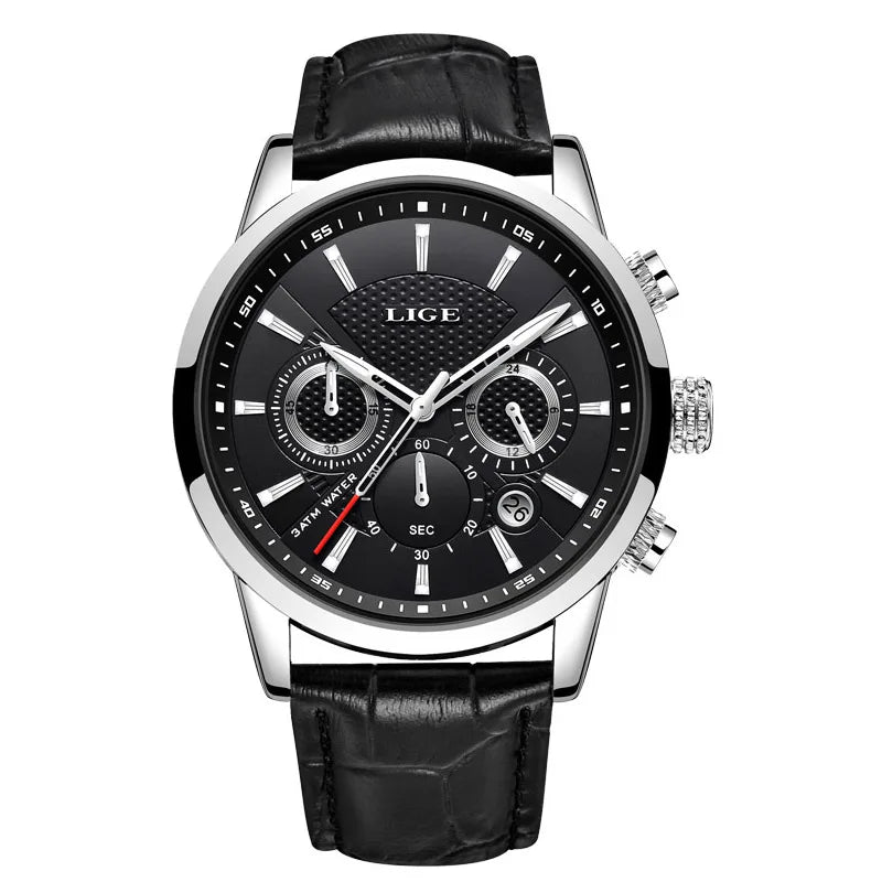 Montre Homme Luxe LIGE Chronographe Quartz Cuir – Business Sport Étanche Date 2025