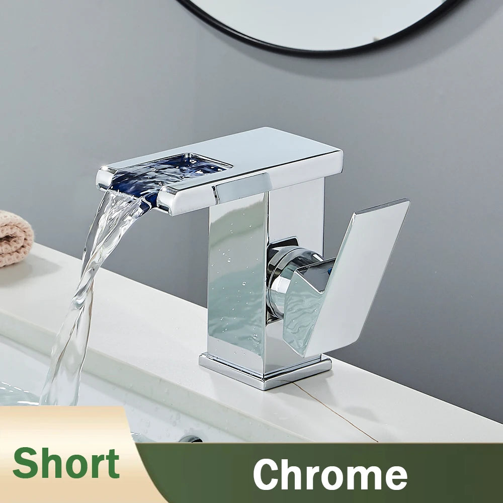 Rozin Robinet Lavabo Noir LED Cascade Hydroélectrique – Mitigeur Eau Chaude & Froide, Lumière LED Automatique | Vasque Design