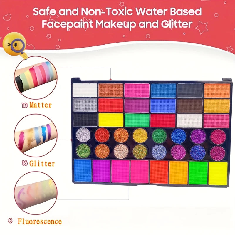 Kit Maquillage Artistique 42 Couleurs – Peinture Visage & Corps UV Néon Fluorescent | Festival Halloween Glitter