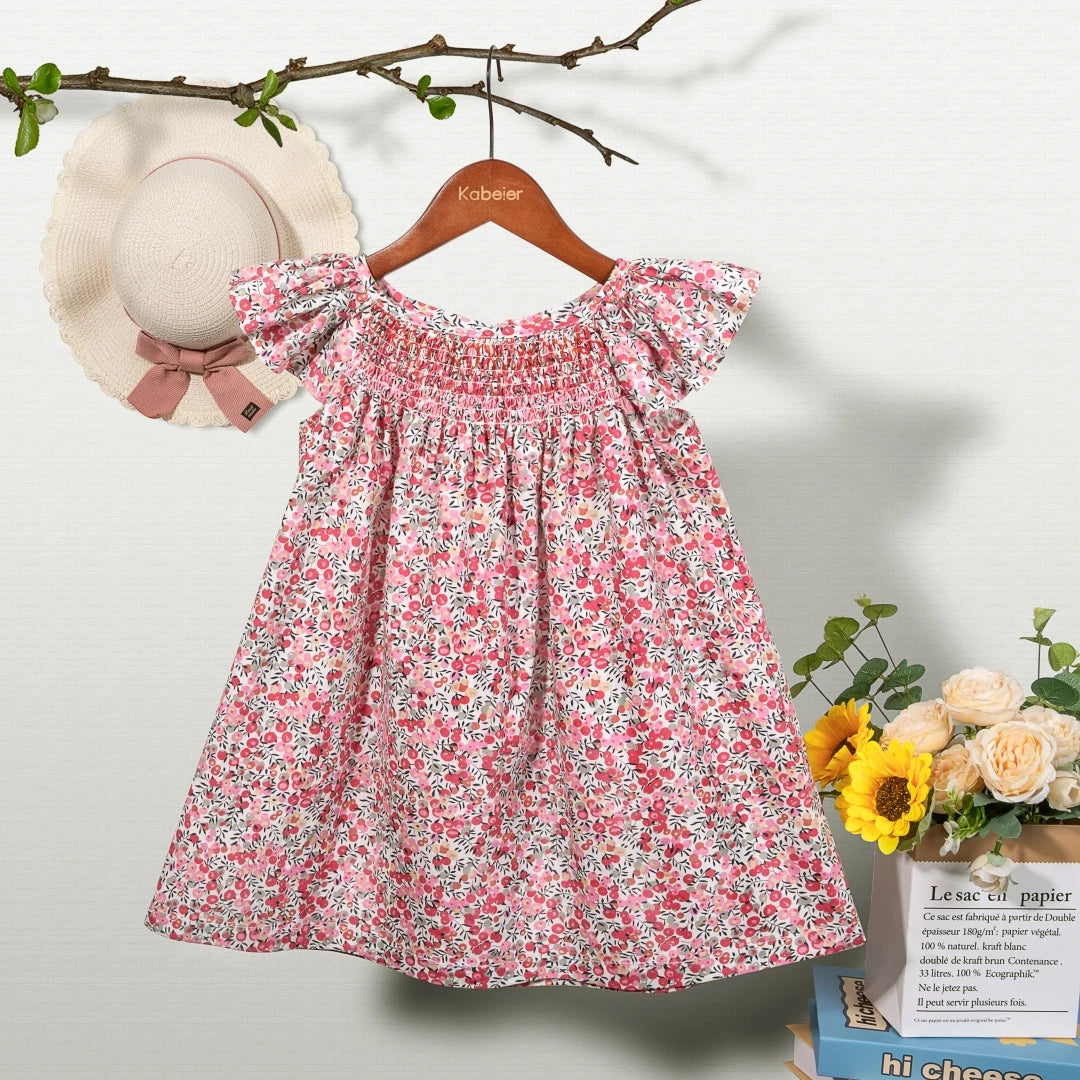 Robe Été Fille Fleurie Smockée Manches Volantes – Tenue Quotidienne Adorable 1-6 Ans