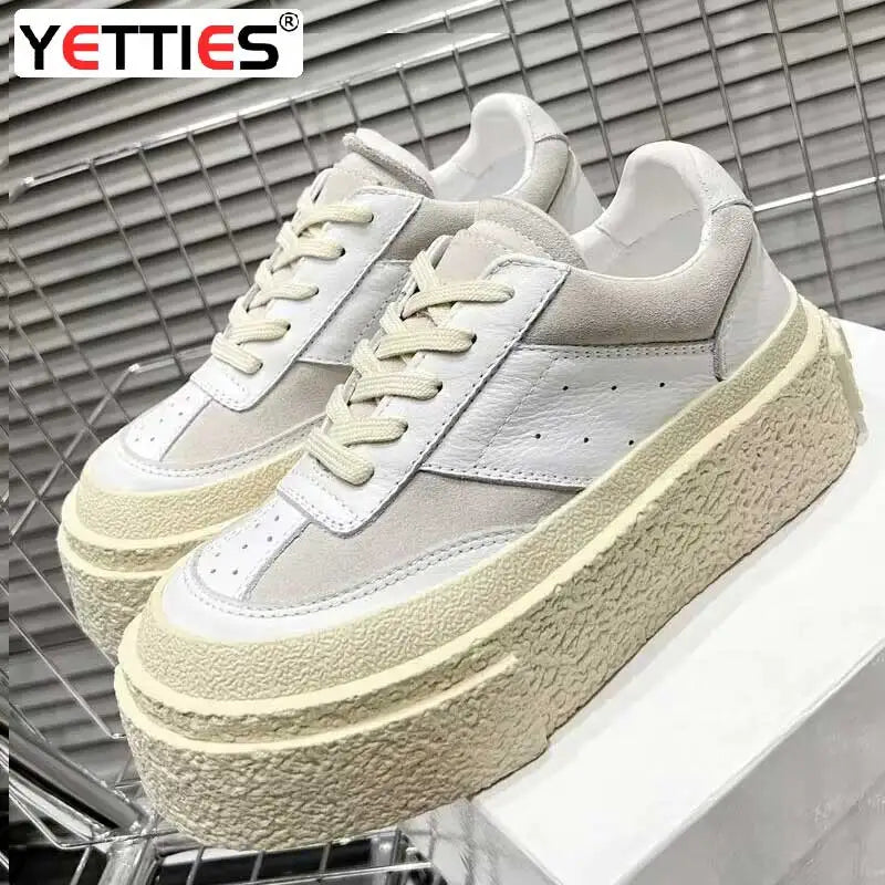 Chaussures Cuir Véritable Femme Cake Sole 2024 – Blanches Casual Élévées Sport Printemps