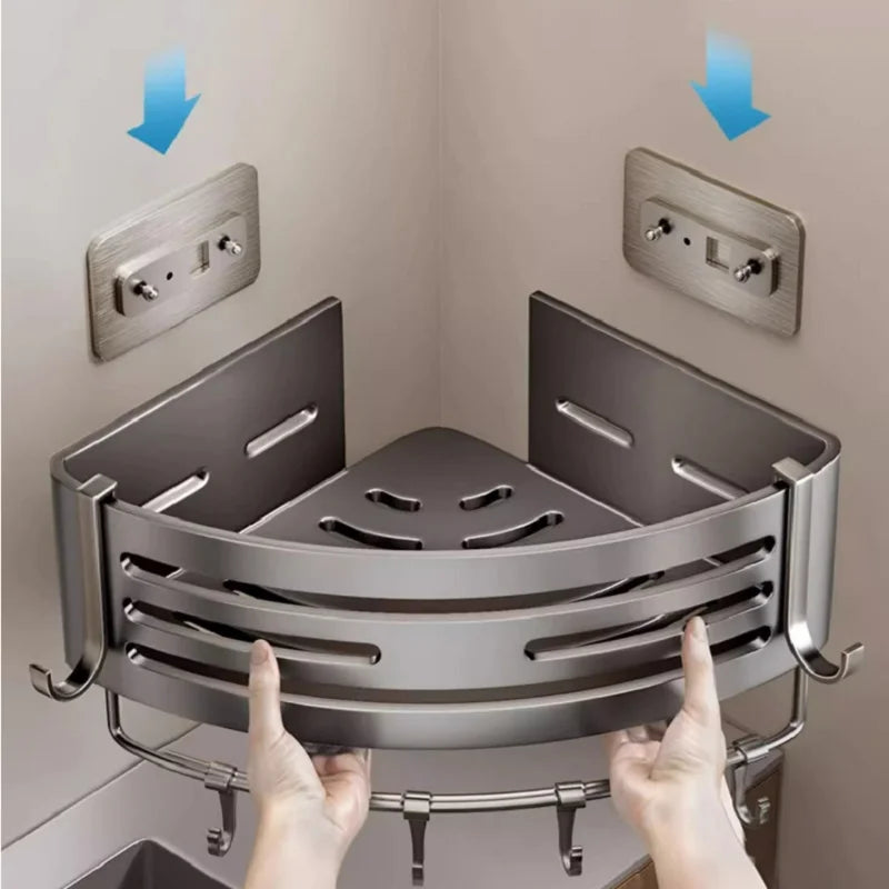 Étagère d’Angle Salle de Bain Aluminium – Sans Perçage Autocollant | Rangement Shampooing & Maquillage