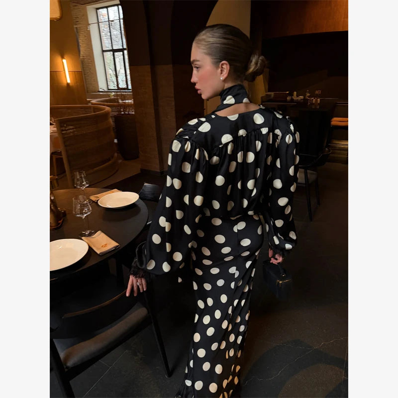 Ensemble 2 Pièces À Pois Femme - Chemise Manches Longues & Jupe Avec Foulard | Style Élégant Printemps 2026