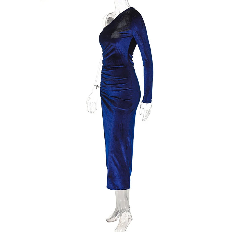 Elegantes Damen Samt Midi-Kleid Langarm Bodycon Schlitz Bleistift Abendkleid – Schickes Outfit Frühling Herbst | Glamour
