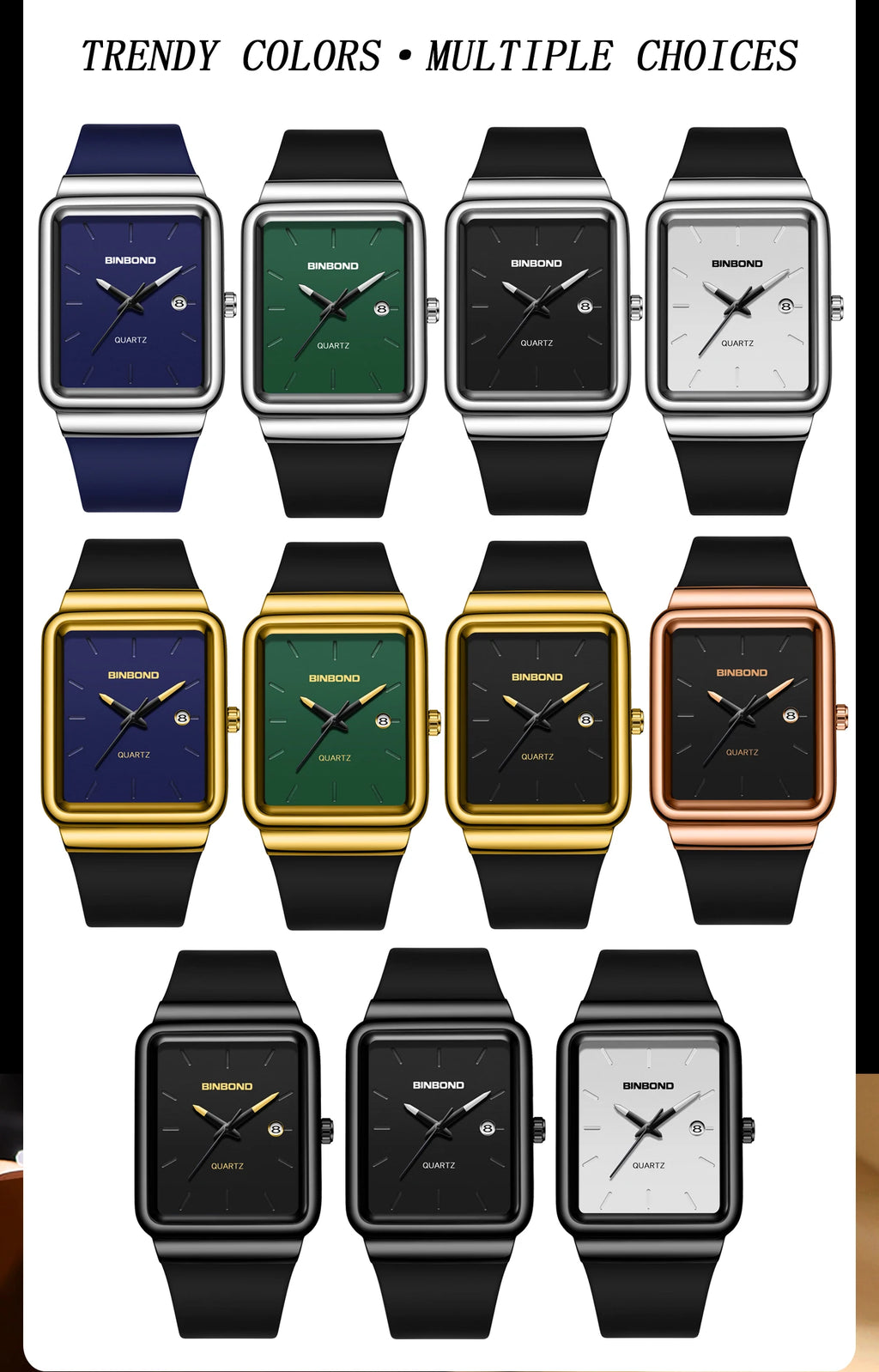 Montre Homme BINBOND Carré Quartz Silicone – Fashion Simple Étanche Tendance Original