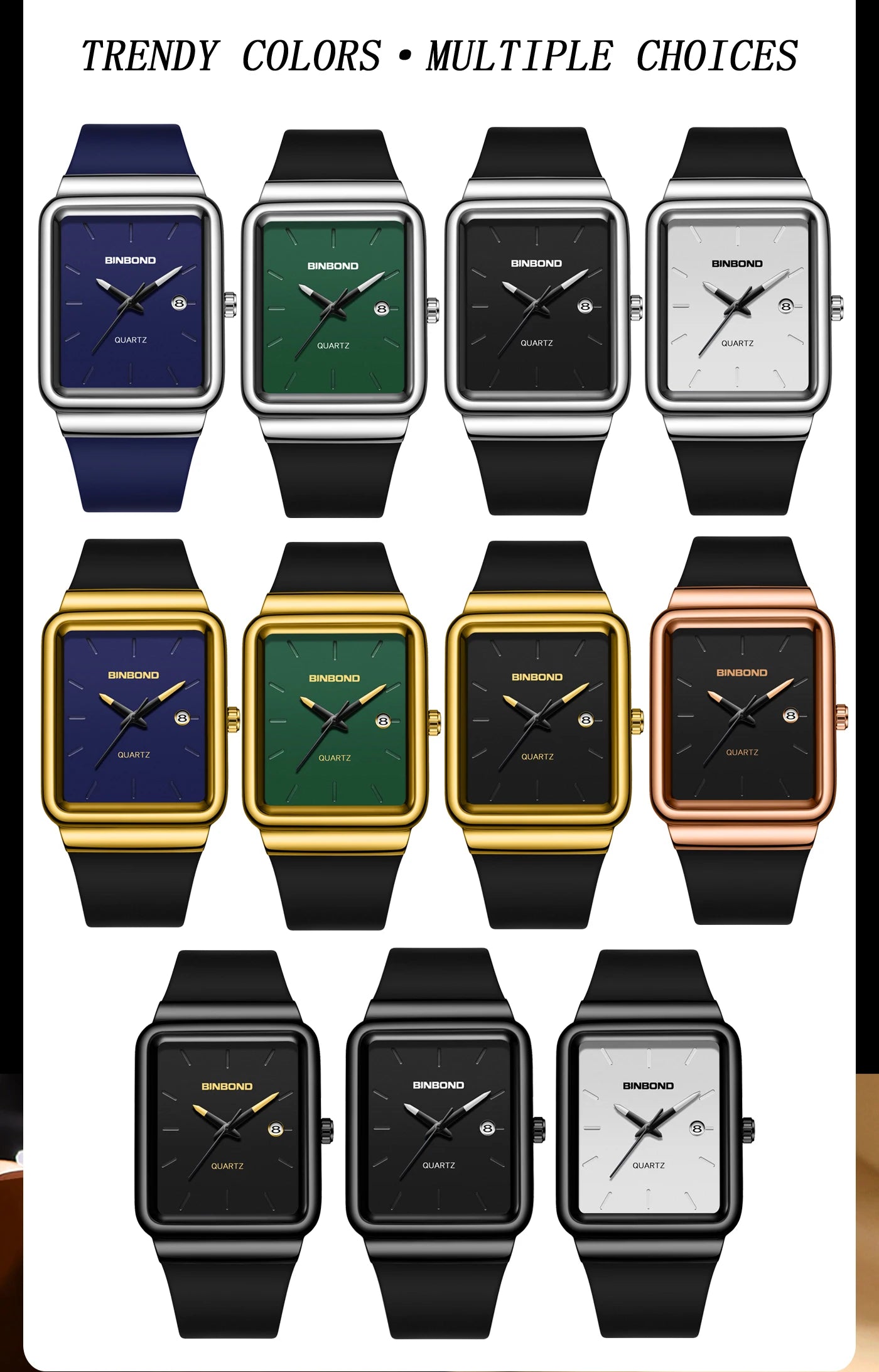 Montre Homme BINBOND Carré Quartz Silicone – Fashion Simple Étanche Tendance Original