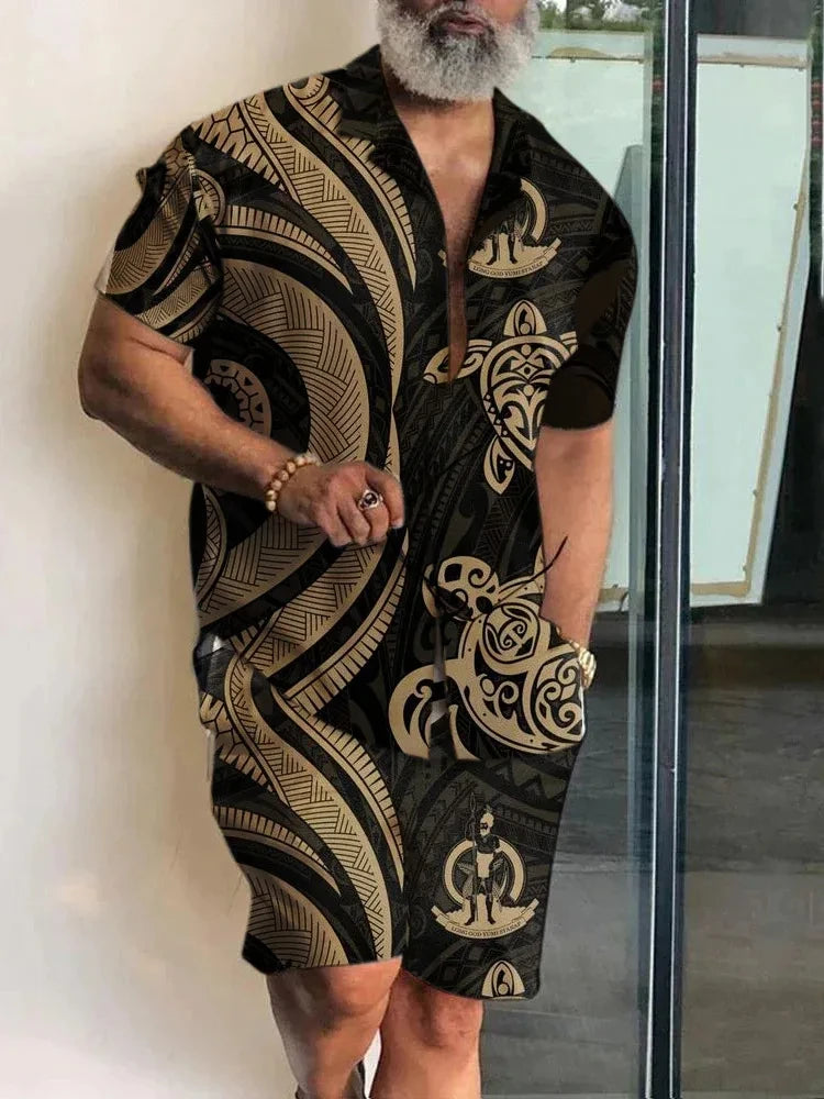 Ensemble 2 Pièces Homme Chemise Hawaïenne Manches Courtes + Short À Cordon Été Vacances Resort | Set Hawaii Premium