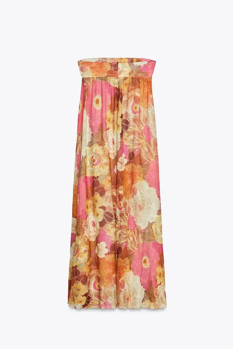 Robe Maxi Femme Imprimée Sans Bretelles Épaules Dénudées Dos Nu Sans Manches Taille Haute – Robe de Soirée Élégante | Été