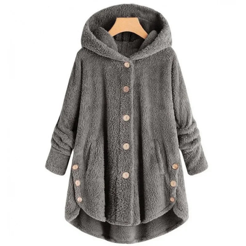 Damen Teddyfell-Mantel mit Kapuze – Warme Fleece-Jacke Unifarben | Herbst Winter Trend