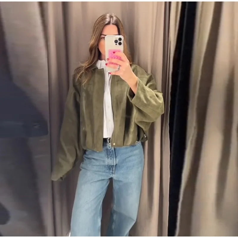 Veste Femme Suède Vert Élégante Manches Bouffantes Revers Fermeture Éclair Ample Plissée – Blouson Court Streetwear Printemps Automne | Mode 2025