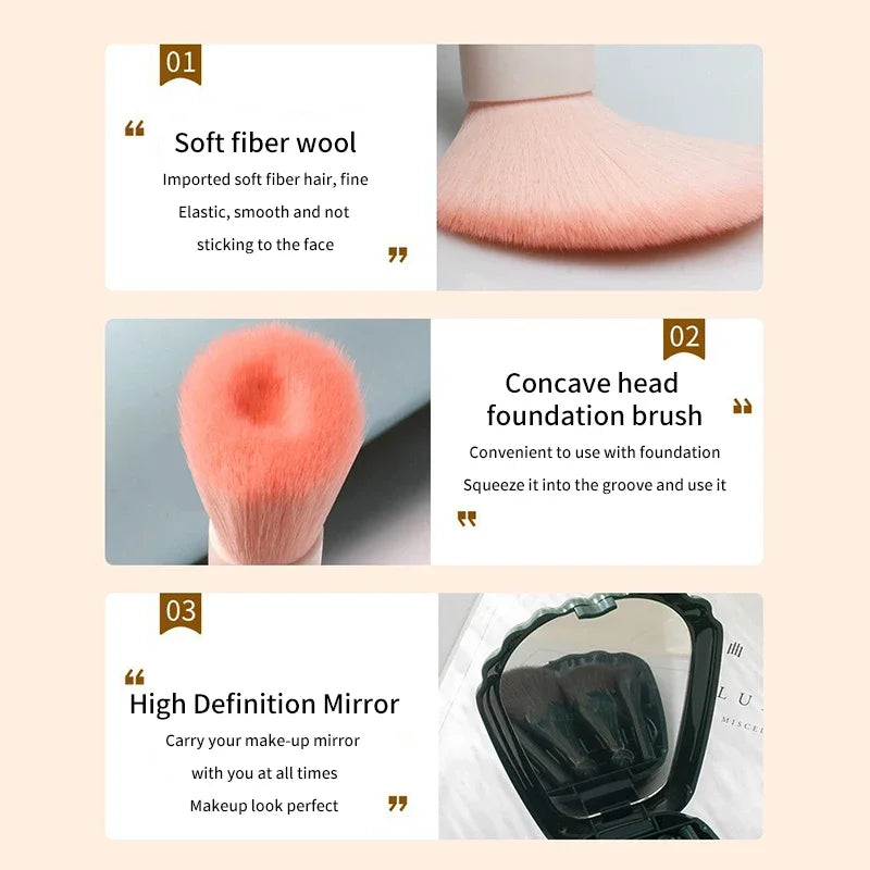 Set 5 Pinceaux Maquillage Coquillage Portable avec Miroir HD – Poils Doux, Lèvres & Retouches | Trousse Cosmétique Complète