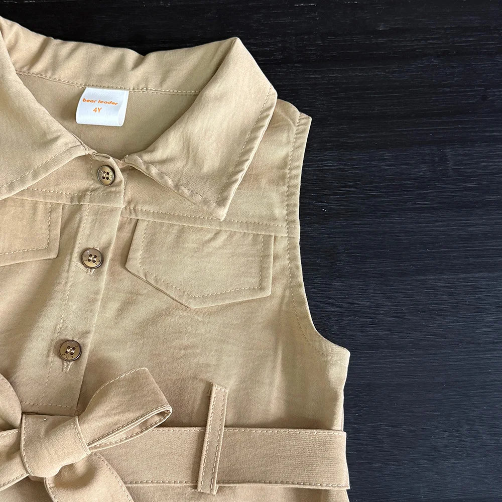 Robe Fille Été Sans Manches Couleur Unie – Tenue Casual Chic avec Ceinture Enfant