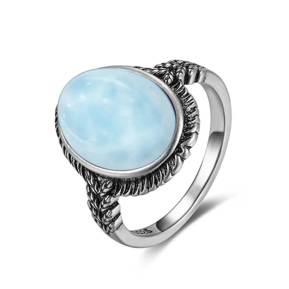 Bague Argent 925 Pierre Larimar Naturelle Vintage – Forme Fleur Ronde Bleu Ciel & Eau de Mer | Bijou Fin Unisexe Pierre Rare des Caraïbes & Cadeau Premium