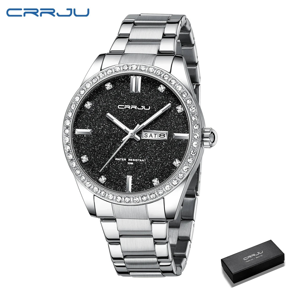 Montre Homme CRRJU Moissanite Diamant Luxe Cadran Doré Acier Inoxydable Lumineux Élégante Premium | Montre CRRJU Moissanite Diamant Luxe Premium