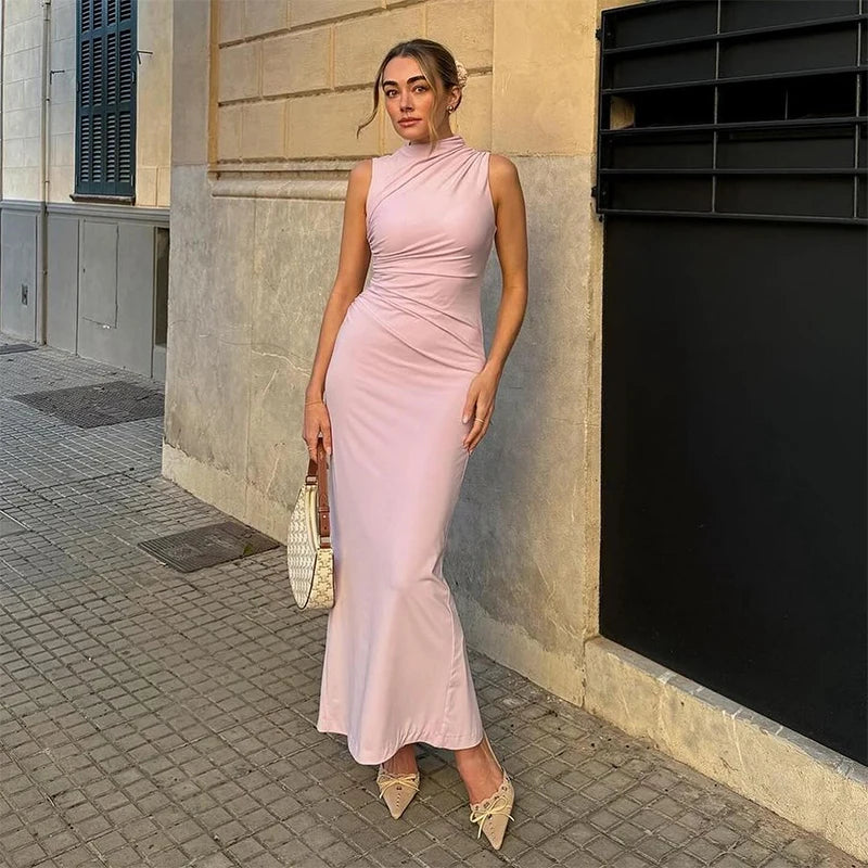 Damen Maxikleid Weiß Plissiert Ärmellos Rundhals – Schlank Machend Elegant | Sommerabend