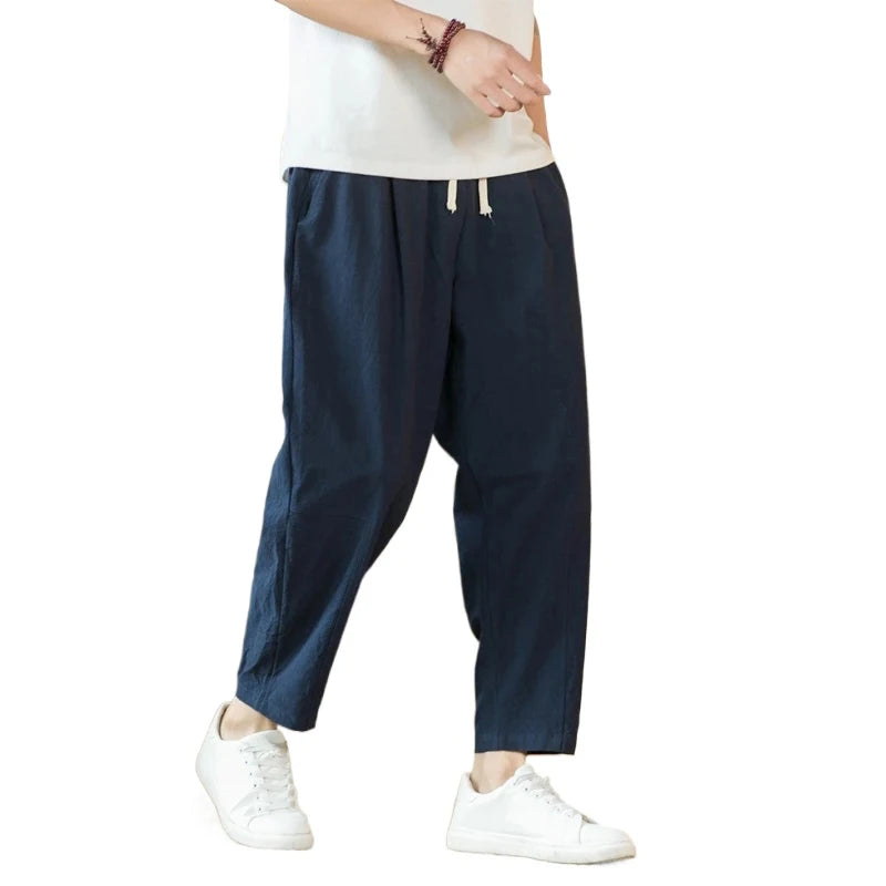 Pantalon Homme Lin Coton Casual Couleur Unie Respirant Loose Straight Baggy Léger – Cordon Streetwear Sport | Mode Homme Confort