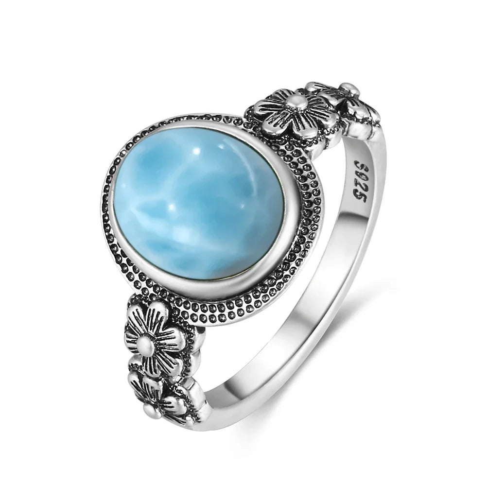 Bague Argent 925 Pierre Larimar Naturelle Vintage – Forme Fleur Ronde Bleu Ciel & Eau de Mer | Bijou Fin Unisexe Pierre Rare des Caraïbes & Cadeau Premium