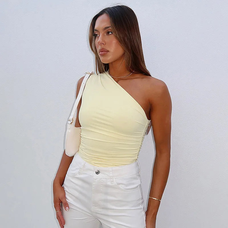 Top Une Épaule Dos Nu Femme – Couleur Bonbon Ajusté Sans Manches | Sexy Casual Été