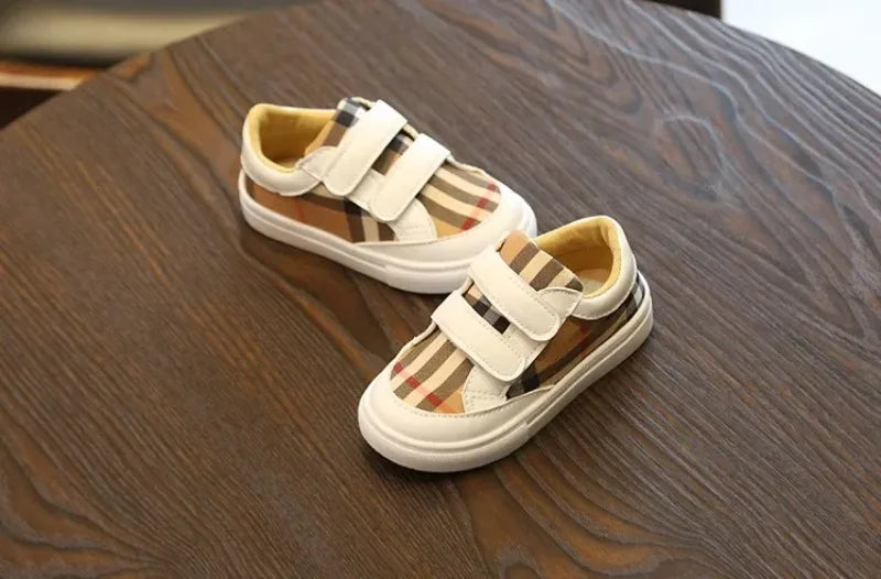 Baskets Enfant Style Coréen Carreaux Blanc – Sneakers Cuir PU Casual Unisexe 3-8 Ans