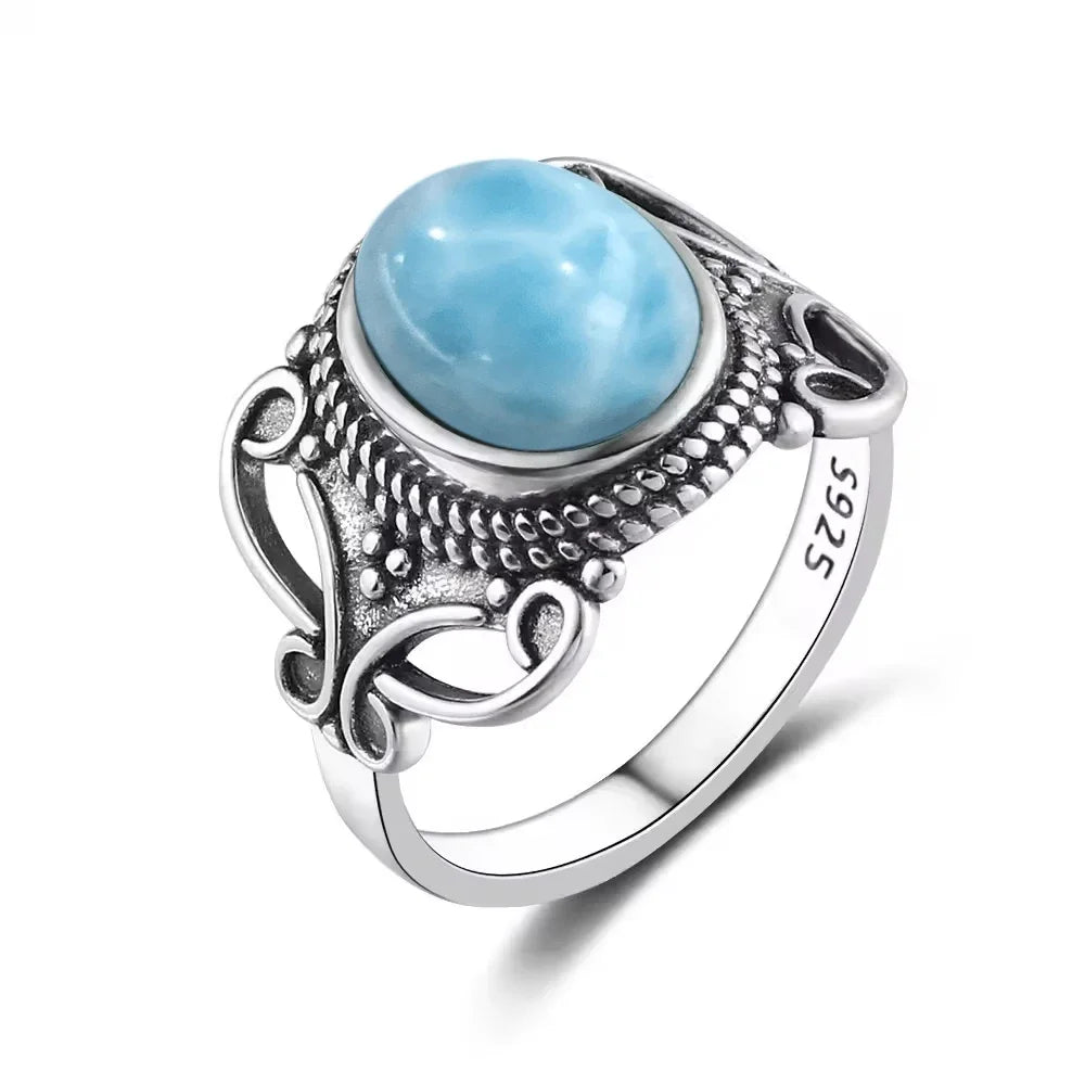 Bague Argent 925 Pierre Larimar Naturelle Vintage – Forme Fleur Ronde Bleu Ciel & Eau de Mer | Bijou Fin Unisexe Pierre Rare des Caraïbes & Cadeau Premium