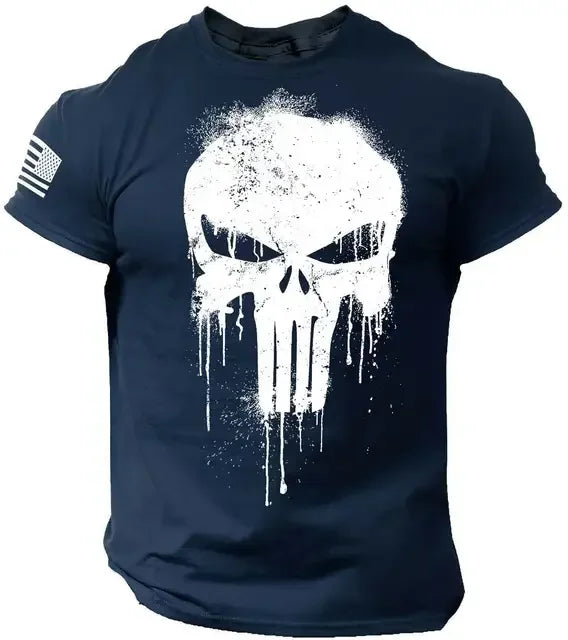 T-Shirt Homme Vintage Imprimé Crâne Militaire Oversize Col Rond Manches Courtes – Casual Outdoor Été Streetwear | Mode Homme Rock