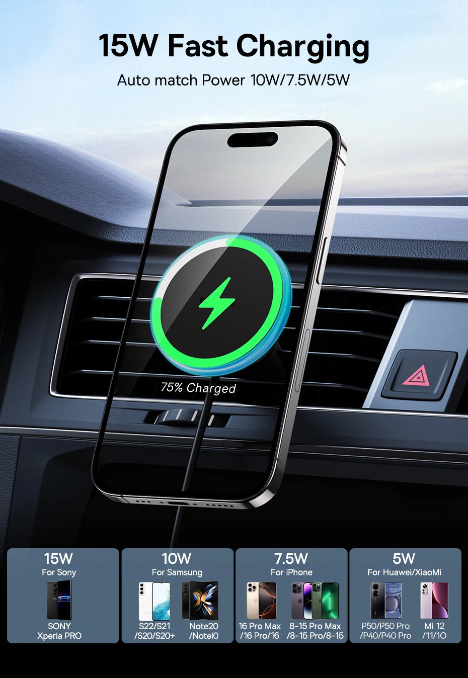 Baseus Chargeur Voiture Magnétique 15W – Support Téléphone Sans Fil iPhone 16 15 14 13
