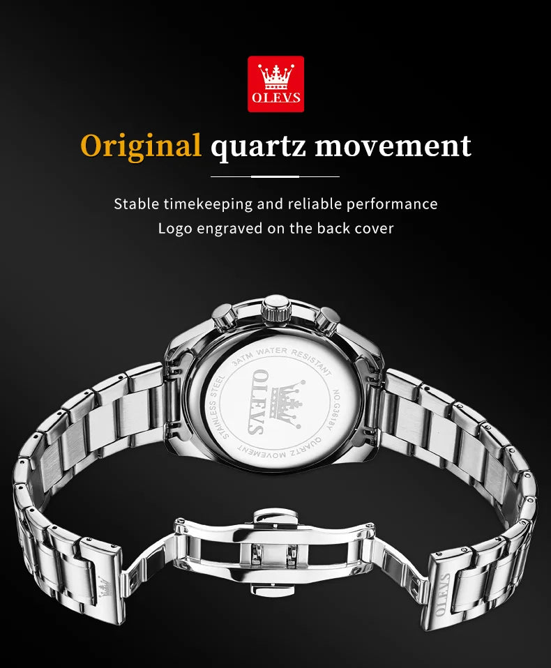 Montre Homme OLEVS Chronographe Phase de Lune Quartz Bleu Acier – Étanche Lumineux Date Fashion