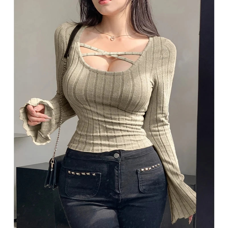 Damen Strick-Top Quadratischer Ausschnitt Langarm Überkreuzte Träger Gerippt Schmale Passform Casual – T-Shirt Streetwear Herbst Winter | Mode