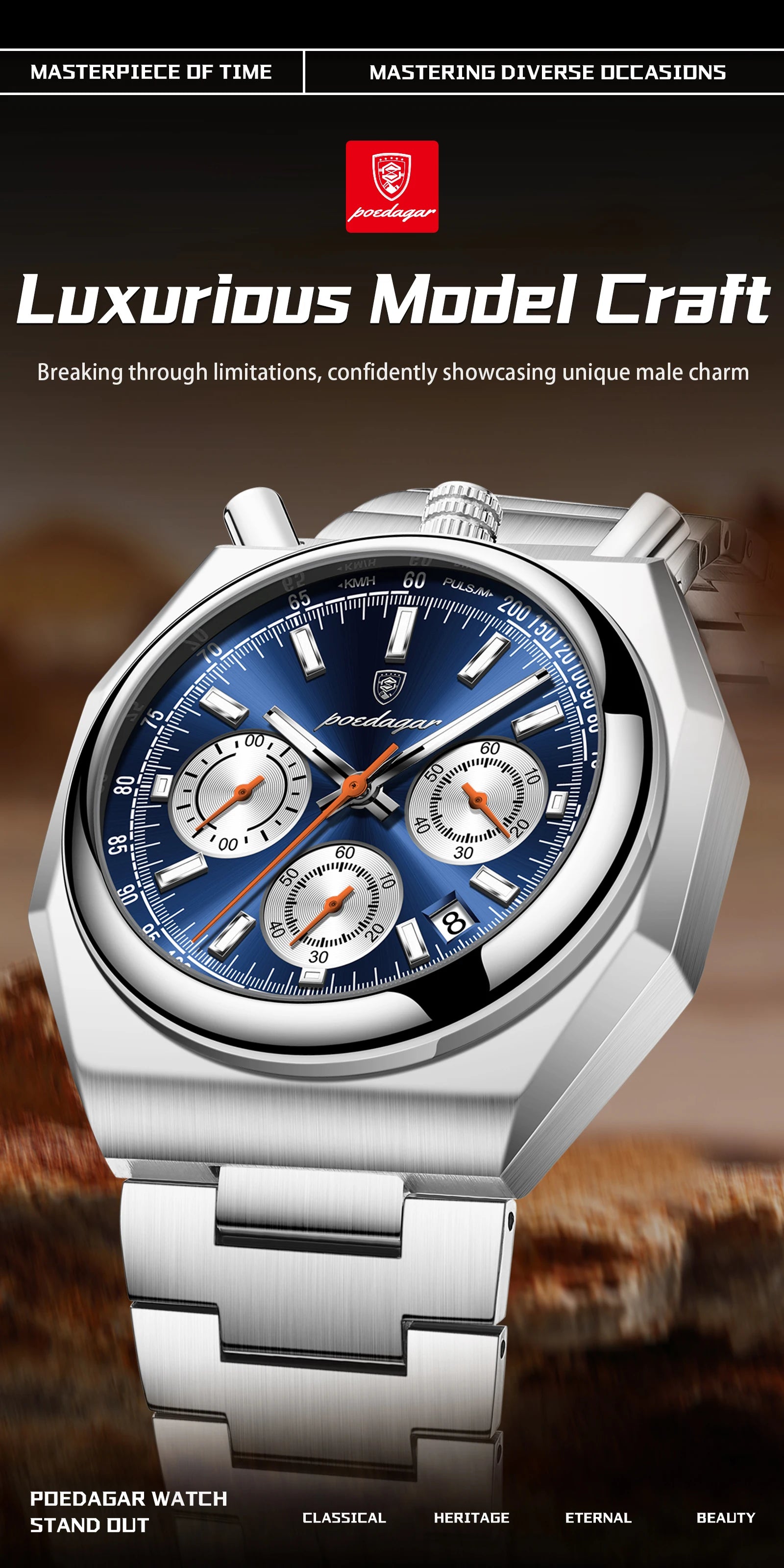 Montre Homme Luxe POEDAGAR Chronographe Militaire Acier Inoxydable Lumineux Étanche + Boîte