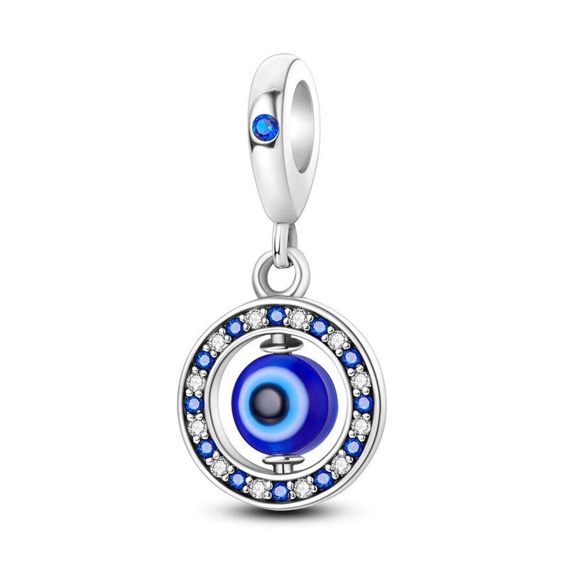 Charm Argent 925 Bleu Rotatif – Œil Démon, Main, Lune & Ciel Étoilé | Perle Pendentif Bracelet Femme | Bijou Spirituel & Mystique