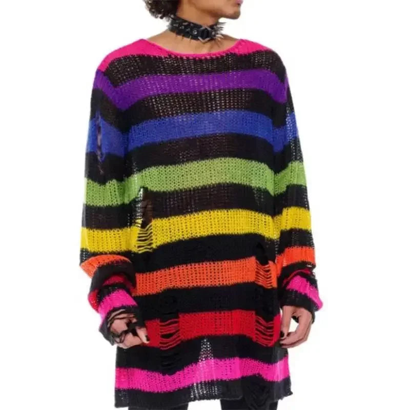 Gothic Damen Strickpullover Lila Streifen Zerrissen Ausgefranst – Fairy Grunge Lolita Emo Streetwear Stil