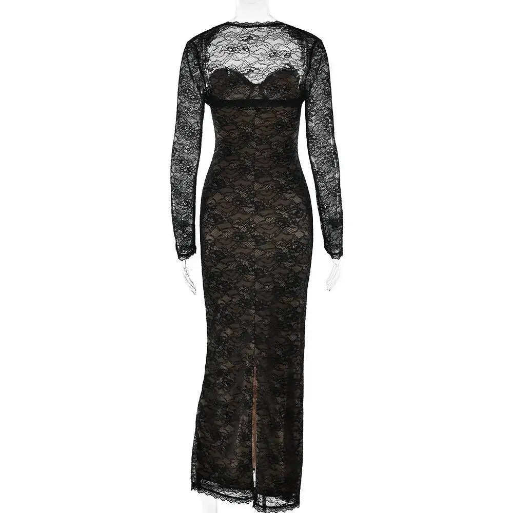 Damen Langes Maxikleid Spitze Eng Anliegend Sexy Bodycon Schal Futter – Elegante Abendgesellschaft | Townlike