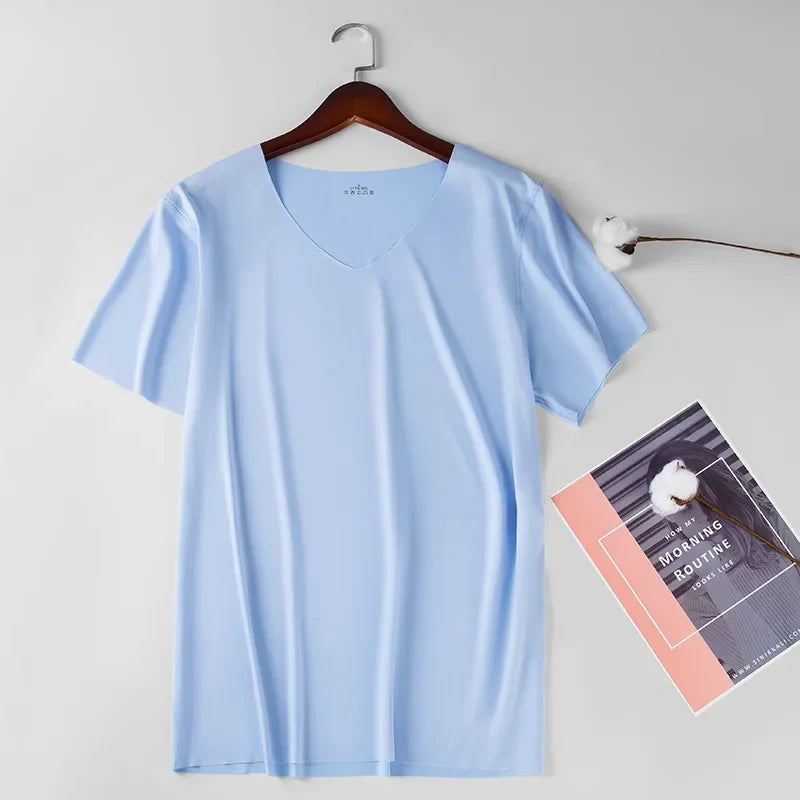 T-Shirt Sous-Vêtement Homme Soie de Glace Col V Sans Couture Slim Respirant Léger Grande Taille – Maillot de Corps Fin Confortable | Mode Homme Essentiel