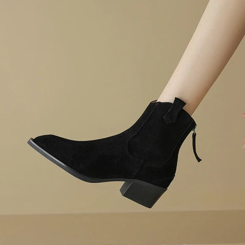 Bottes Suède Vache Chunky Heel Western Femme – Bout Pointu Noir Zip Concis Automne