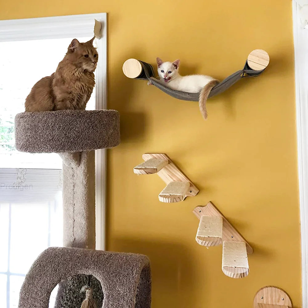 Arbre à Chat Mural Escalade Bois – Étagères Plateforme Saut Hamac Escalier | Aire de Jeux Chaton Mobilier