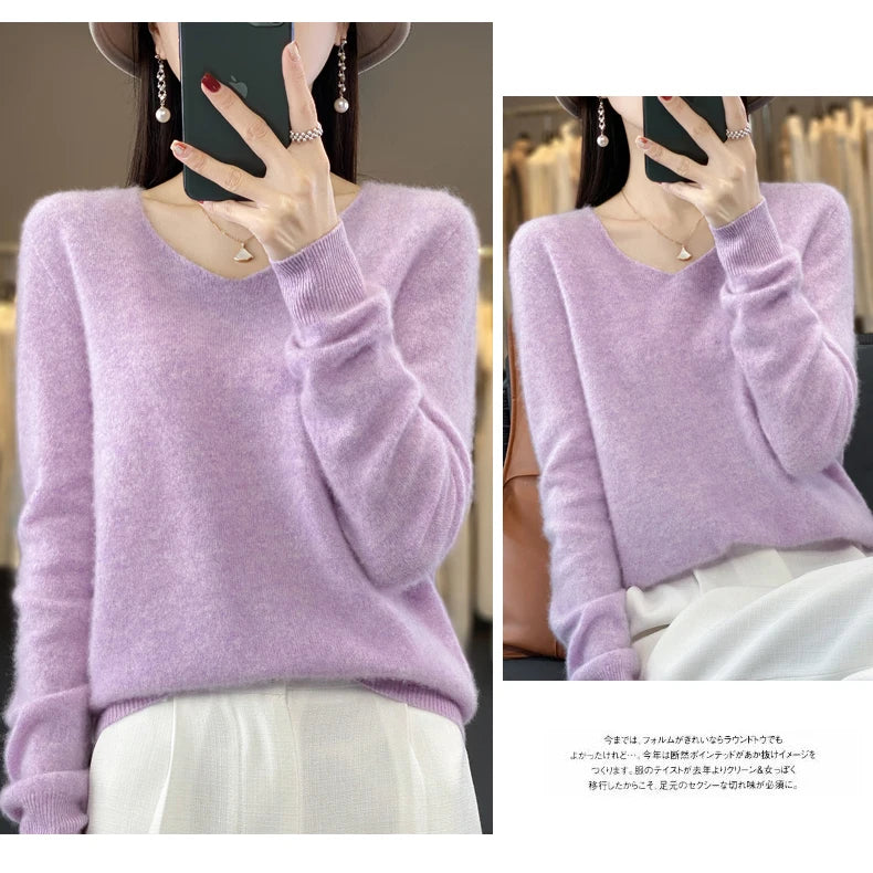 Kaschmirpullover 100% Wolle V-Ausschnitt Damen - Strick Casual Korean Fashion Herbst Winter