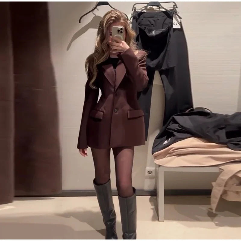 Ensemble Blazer Mini Jupe Femme Élégant – Col Revers Manches Longues Slim Uni | Tenue Bureau Chic 2025