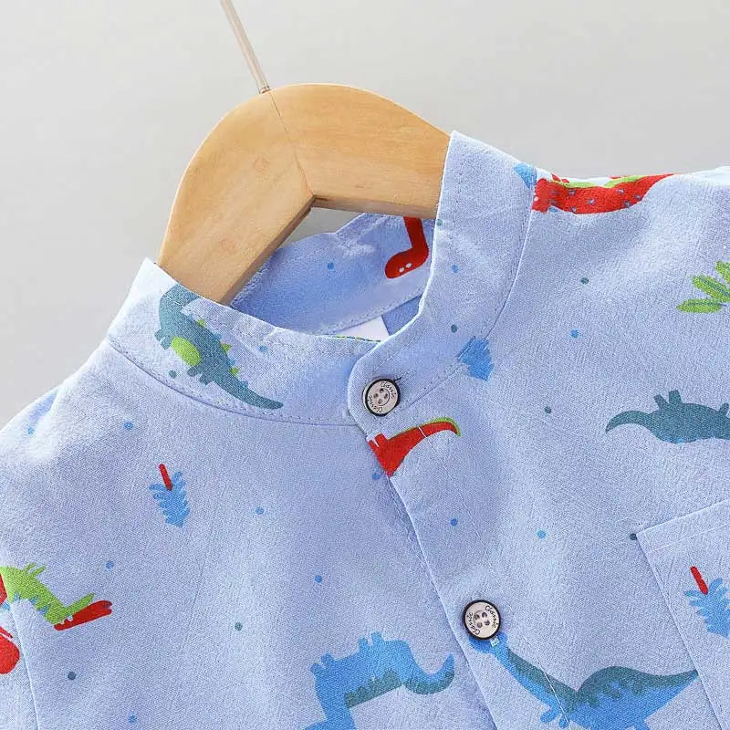Ensemble 2 Pièces Bébé Imprimé Dinosaure Cartoon – Chemise Col Montant Manches Courtes Garçon