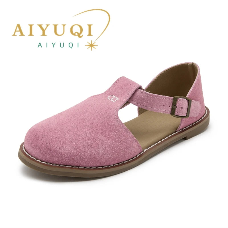 AIYUQI Sandales Cuir Véritable Retro Givré Baotou Romain 2026 – Hollow Flat Femme