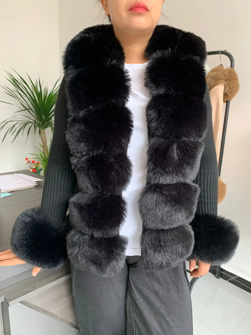 Damen Cardigan Strick Kragen Kunstpelz Fuchs Elegant – Chic & Luxuriöser Pullover Mantel | Frühling Herbst