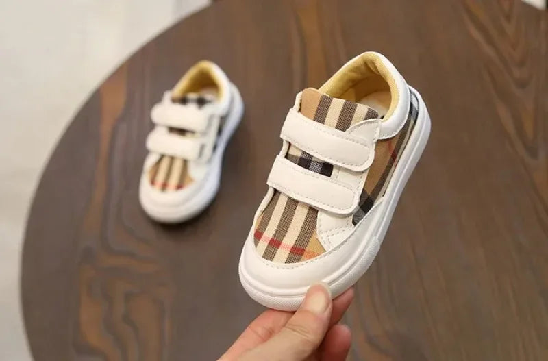 Baskets Enfant Style Coréen Carreaux Blanc – Sneakers Cuir PU Casual Unisexe 3-8 Ans