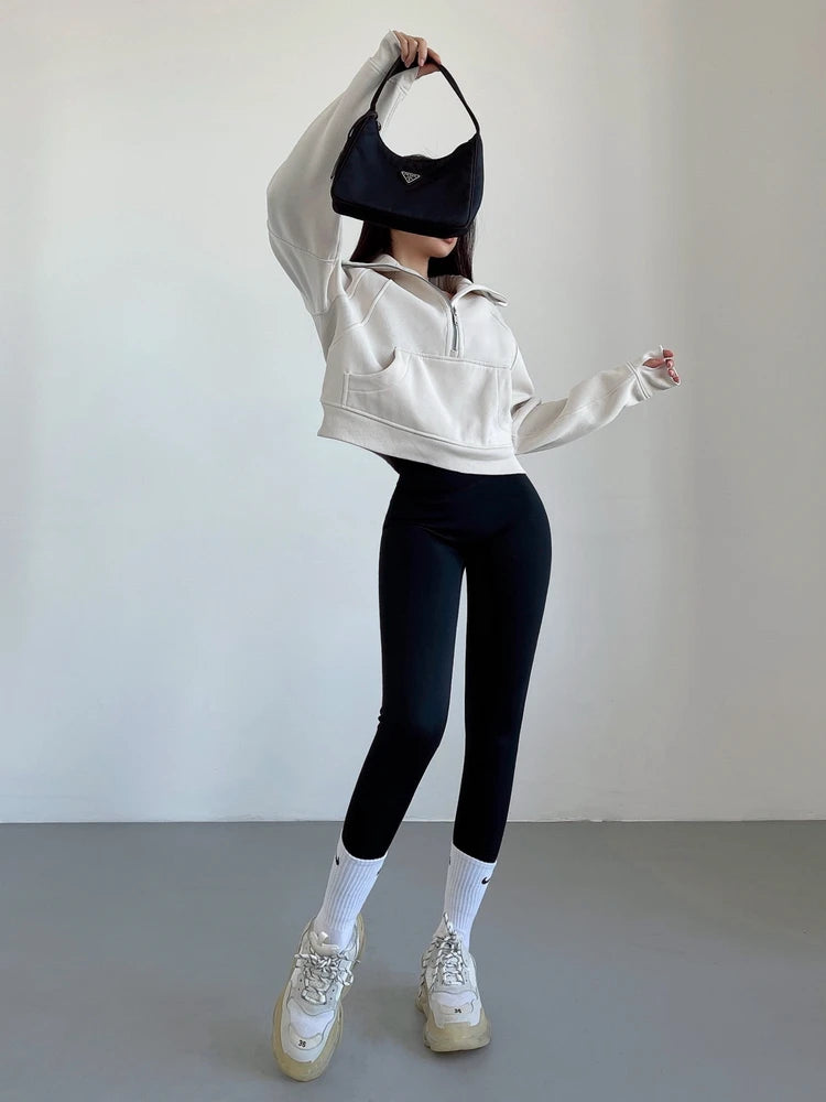 Sweat Femme Oversize Zip Polaire – Hoodie Streetwear Chaud Casual Rose Blanc