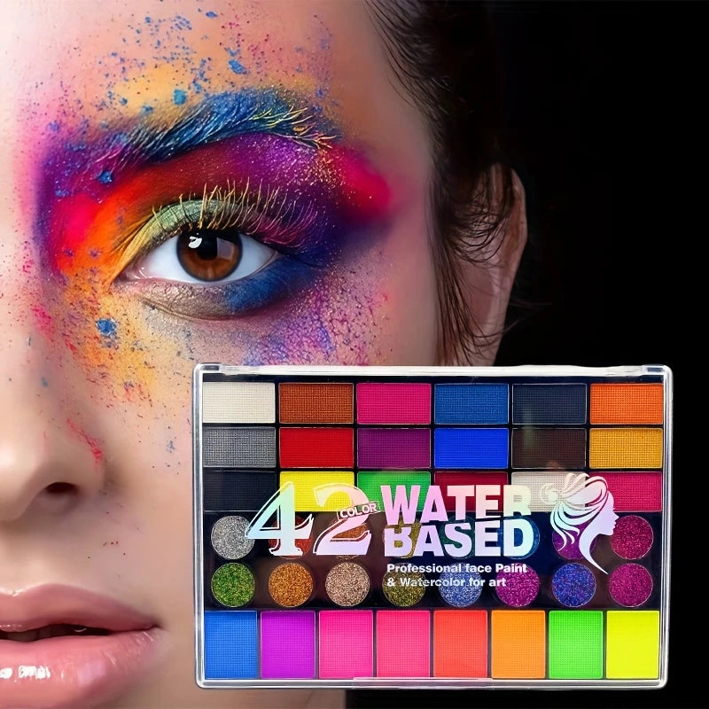Kit Maquillage Artistique 42 Couleurs – Peinture Visage & Corps UV Néon Fluorescent | Festival Halloween Glitter